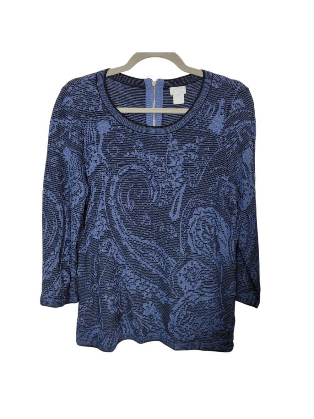 Chico's Paisley Jacquard Pullover Sweater Blue & Indigo 0 Small Back Zip Detail